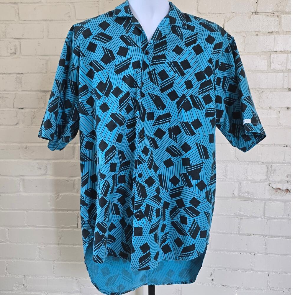 Retro 80's 90's Off Shore Men's Surf Shirt┃Turqoise Blue Geometric Print┃Collar